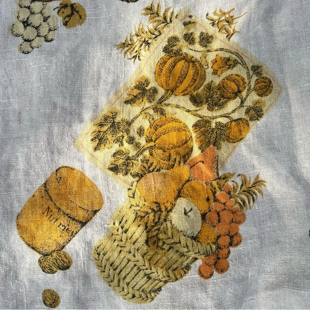 VTG Fall Harvest Linen Tablecloth Fruits Vegetables Nutmeg Spices Pumpkins 45x48